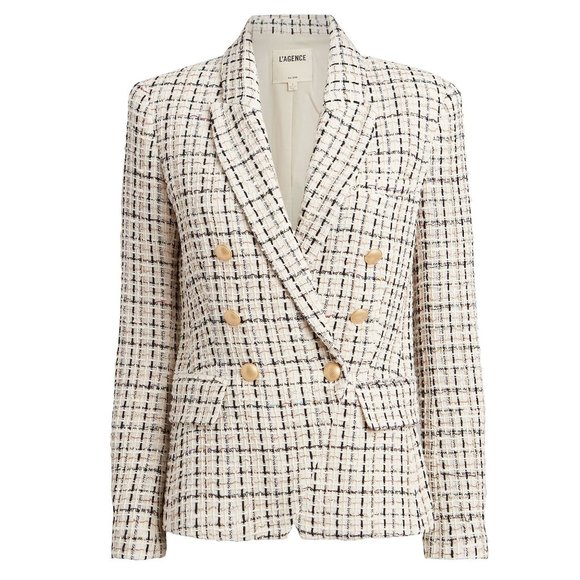 L'AGENCE Kenzie Double Breasted Tweed Blazer in Ivory Multi - Picture 5 of 12